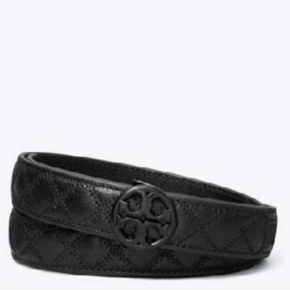 Tory Burch Willa Glazed Quilted Black Leather Belt with Black Buckle